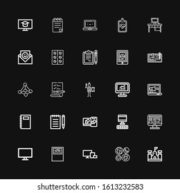 Editable 25 notebook icons for web and mobile. Set of notebook included icons line School, Communication, Devices, Workbook, Computer, Computing, Notepad, Notebook on black background