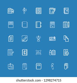 Editable 25 notepad icons for web and mobile. Set of notepad included icons line Paper, Pads, Notebook, Notepad, Note, Tasks, Check list, Editing, Contact book on blue background