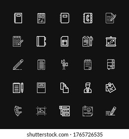 Editable 25 notepad icons for web and mobile. Set of notepad included icons line Write, Note, Tasks, Editing, Pads, News reporter, Copy, Workbook, Notepad on black background
