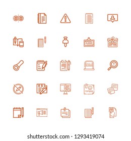 Editable 25 notice icons for web and mobile. Set of notice included icons line Memorize, Notes, Note, Notification, No drugs, Warning, No parking, Opener, Open on white background