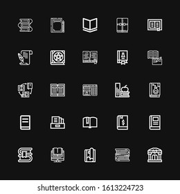 Editable 25 novel icons for web and mobile. Set of novel included icons line Library, Books, Magazine, Book, Literature, Booking, Science book on black background