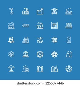 Editable 25 nuclear icons for web and mobile. Set of nuclear included icons line Radioactive, Factory, Electricity, Nuclear plant, Nuclear, Atom, Energy, Gas mask on blue background