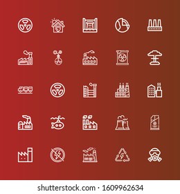 Editable 25 nuclear icons for web and mobile. Set of nuclear included icons line Gas mask, Energy, Factory, Electricity, Coal, Nuclear plant, Submarine, Radiation, Carrier on red