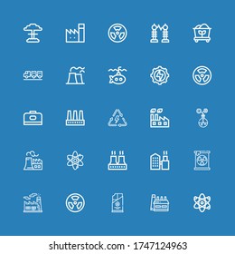 Editable 25 nuclear icons for web and mobile. Set of nuclear included icons line Atom, Factory, Coal, Radioactive, Radiation, Nuclear plant, Energy, Carrier on blue background