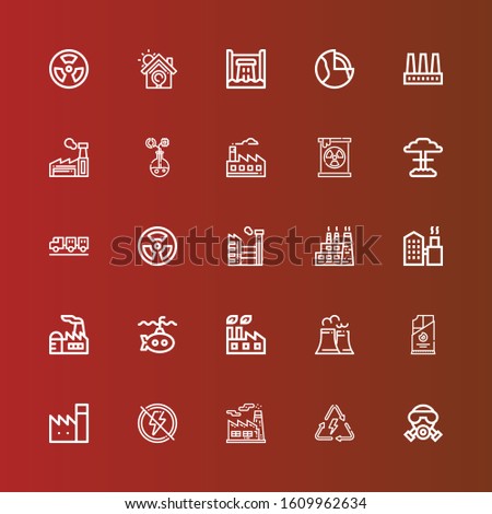 Editable 25 nuclear icons for web and mobile. Set of nuclear included icons line Gas mask, Energy, Factory, Electricity, Coal, Nuclear plant, Submarine, Radiation, Carrier on red