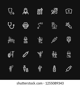 Editable 25 nurse icons for web and mobile. Set of nurse included icons line Syringe, Medicine, Veterinarian, Vaccine, Cardiologist, Surgeon, Nutritionist on black background