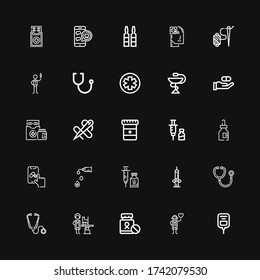 Editierbare 25 Pflege Icons für Web und Mobile. Krankenpflegeset inklusive Ikonen Linie Saline, Cardiologin, Medicine, Veterinarian, Stethoscope, Spritze, Impfstoff, Apotheke auf schwarzem Hintergrund
