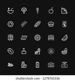 Editable 25 nutrition icons for web and mobile. Set of nutrition included icons line Fitness, Bbq, Energy drink, Diary product, Spaghetti, Bowl, Vegan food on black background
