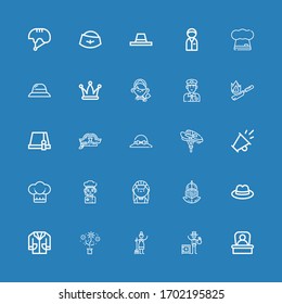 Editable 25 occupation icons for web and mobile. Set of occupation included icons line Boss, Banker, Maid, Hat, Lab coat, Helmet, Chef, Promotion, Flambe, Policeman on blue background