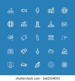 Editable 25 ocean icons for web and mobile. Set of ocean included icons line Rudder, Lifesaver, Seashell, Pirate, Map, Dolphin, Turtle, Fish, Anglerfish, Arctic on blue background