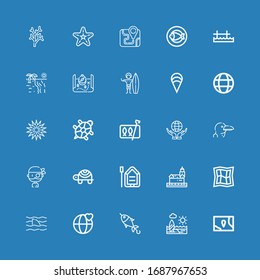 Editable 25 ocean icons for web and mobile. Set of ocean included icons line Map, Beach, Fish, World, Shark, Lighthouse, Boat, Turtle, Pirate, Albatross, Sardines on blue background