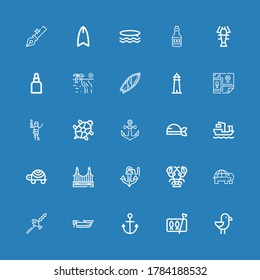 Editable 25 ocean icons for web and mobile. Set of ocean included icons line Seagull, Sardines, Anchor, Boat, Fish, Turtle, Lobster, Golden gate, Cargo ship on blue background