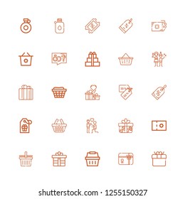 Editable 25 offer icons for web and mobile. Set of offer included icons line Gift, Gift card, Shopping basket, Coupon, Proposal, Basket, Tag, Discount, Discounts on white background