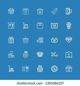 Editable 25 offer icons for web and mobile. Set of offer included icons line Gift, Discount, Shopping basket, Gift card, Delivery cart, Tag, Subscript, Basket on blue background