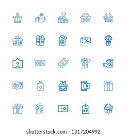 Editable 25 offer icons for web and mobile. Set of offer included icons line Shopping basket, Label, Coupon, Proposal, Gift, Discount, Canteen, Christmas party on white background