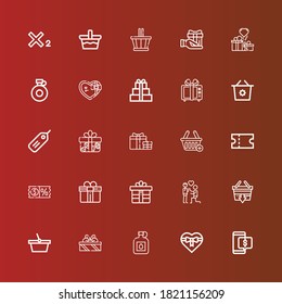 Editable 25 offer icons for web and mobile. Set of offer included icons line Discount, Gift, Canteen, Gifts, Basket, Shopping basket, Proposal, Coupon, Tag, Subscript on red