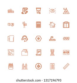 Editable 25 office icons for web and mobile. Set of office included icons line Ruler, Note, Clock, Building, Pencil box, Tipi, Column, Receipt, Folder, Strategy on white background