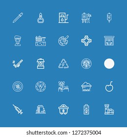 Editable 25 oil icons for web and mobile. Set of oil included icons line Pipe, Green energy, Mining, Tank, Blood, Coconut, Coal, Massage, Color palette, Oyster omelette on blue background