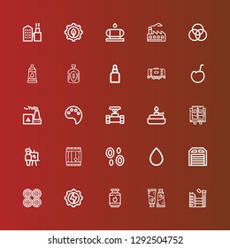 Editable 25 oil icons for web and mobile. Set of oil included icons line Factory, Paint tube, Gas, Energy, Barrels, Garage, Blood drop, Blood, Barrel, Easel, Tofu, Burner on red