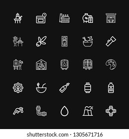Editable 25 oil icons for web and mobile. Set of oil included icons line Pipe, Nuclear plant, Blood drop, Gas station, Gas, Oil, Coconut, Green energy, Palette on black background