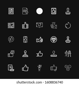 Editable 25 ok icons for web and mobile. Set of ok included icons line Satisfaction, Like, Crossing, Thumb up, Stamp, Quality, Tinder, Thumbs up, Check in on black background
