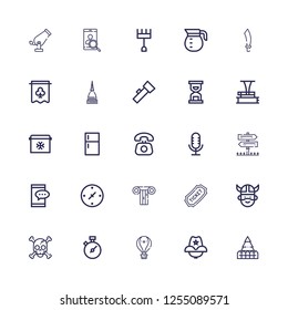 Editable 25 old icons for web and mobile. Set of old included icons line Fence, Cowboy hat, Hot air balloon, Chronometer, Skull, Viking, Ticket, Column, Cardinal points on white background