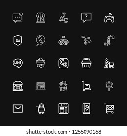 Editable 25 online icons for web and mobile. Set of online included icons line Shopping cart, Map book, Browser, Message, Birdhouse, Delivery cart, Lesson on black background