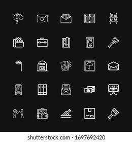 Editable 25 open icons for web and mobile. Set of open included icons line Bottle opener, Cardboard, Message, Treasure, Human rights, Piano, Postal, Mail, Books on black background