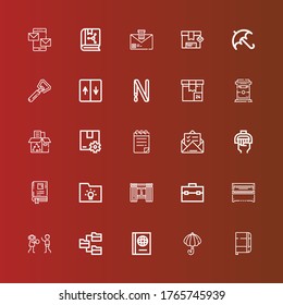 Editable 25 open icons for web and mobile. Set of open included icons line Notebook, Umbrella, Book, Folder, Human rights, Piano, Toolbox, Windows, Handle, Mail, Notepad on red