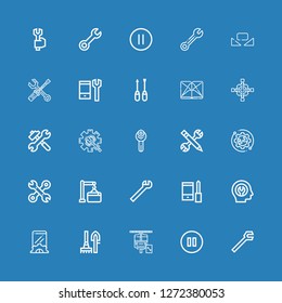 Editable 25 options icons for web and mobile. Set of options included icons line Wrench, Pause, Maintenance, Tools, Setup, Fixed, Configuration, Cross wrench on blue background