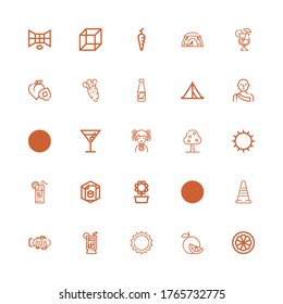 Editable 25 orange icons for web and mobile. Set of orange included icons line Mangosteen, Orange, Sun, Lemonade, Clown fish, Traffic cone, Tent, Sunflower on white background