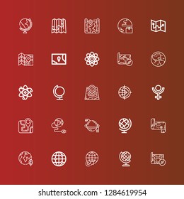 Editable 25 orbit icons for web and mobile. Set of orbit included icons line Map, Earth globe, Worldwide, Global, Planet earth, Planet, Earth, Pluto, World, Globe, Solar system on red