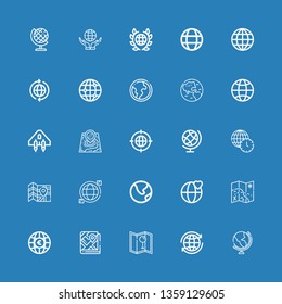 Editable 25 orbit icons for web and mobile. Set of orbit included icons line Globe, World, Map, Earth, Worldwide, Earth globe, Earth grid, Spaceship, Global on blue background