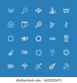 Editable 25 orchestra icons for web and mobile. Set of orchestra included icons line Cowbell, Violin, Cello, Cymbal, Xylophone, Tambourine, Orchestra, Trumpet on blue background