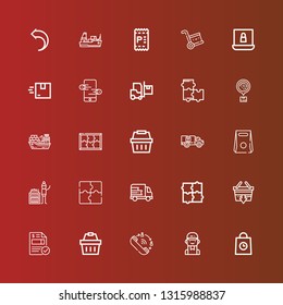 Editable 25 order icons for web and mobile. Set of order included icons line Delivery, Delivery man, Queue, Shopping basket, Invoice, Puzzle, Collecting, Take away, Cargo ship on red