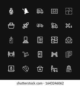 Editable 25 order icons for web and mobile. Set of order included icons line Delivery, Delivery man, Shopping basket, Queue, Online store, Invoice, Police line on black background
