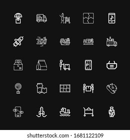 Editable 25 order icons for web and mobile. Set of order included icons line Postman, Room service, Cargo ship, Startup, Online store, Queue, Delivery, Puzzle on black background