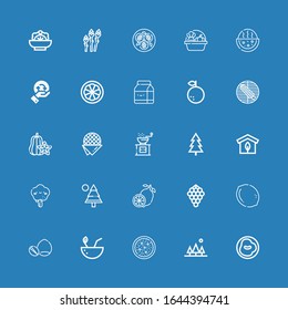 Editable 25 organic icons for web and mobile. Set of organic included icons line Chili, Tree, Salad, Coconut, Nuts, Lemon, Grapes, Pine, Greenhouse, Pepper on blue background