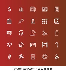 Editable 25 ornament icons for web and mobile. Set of ornament included icons line Flower, Indian, Frame, Snowflake, Pisa, Candy cane, Gate, Certificate, Taoism, Lotus on red