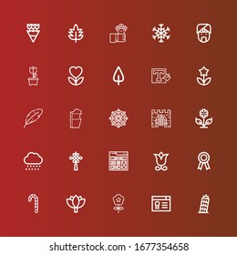 Editable 25 ornament icons for web and mobile. Set of ornament included icons line Pisa, Certificate, Flower, Lotus, Candy cane, Frame, Chinese knot, Snow, Gate, Dharma wheel on red