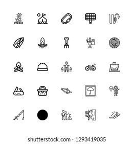 Editable 25 outdoor icons for web and mobile. Set of outdoor included icons line Skydiving, Climbing, Camping, Kite, Fishing, Raincoat, Umbrella, Bmx, Picnic on white background