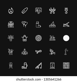 Editable 25 outdoor icons for web and mobile. Set of outdoor included icons line Stage, Ticket window, Fishing, Thermo, Surfboard, Hook, Paintball, Canoe, Hiking on black background