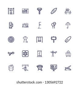 Editable 25 outdoor icons for web and mobile. Set of outdoor included icons line Bench, Billboard, Grill, Bungee jumping, Barbecue, Food cart, Paintball, Ticket window on white background