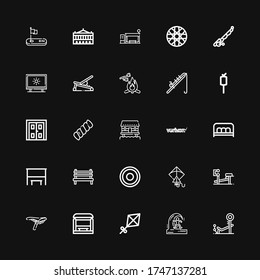 Editable 25 outdoors icons for web and mobile. Set of outdoors included icons line Bench, Skimboard, Kite, Bus stop, Saddle, Frisbee, Verizon, Cabin, Marshmallow on black background