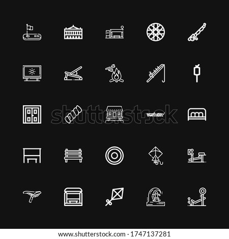Editable 25 outdoors icons for web and mobile. Set of outdoors included icons line Bench, Skimboard, Kite, Bus stop, Saddle, Frisbee, Verizon, Cabin, Marshmallow on black background