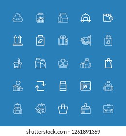 Editable 25 pack icons for web and mobile. Set of pack included icons line Suitcase, Package, Shopping bag, Backpack, d modeling, Mayonnaise, Repeat, Gifts on blue background