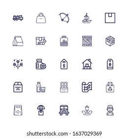 Editable 25 package icons for web and mobile. Set of package included icons line Delivery man, Ship, Van, Delivery, Take away, Shopping bag, Gauze, Chocolate on white background