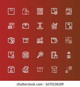Editable 25 packing icons for web and mobile. Set of packing included icons line Package, Box, Dark beer, Boxes, Packing on red