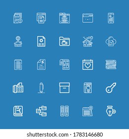 Editable 25 page icons for web and mobile. Set of page included icons line Pen, Calendar, Documentation, Folder, Book, Keyword, Archive, Fax, Books, Newspaper on blue background