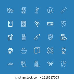 Editable 25 pain icons for web and mobile. Set of pain included icons line Tooth, Pill, Vitamin, Bandage, Knuckle, Stun gun, Plaster, Bandages, Medicines, Medicine on blue background